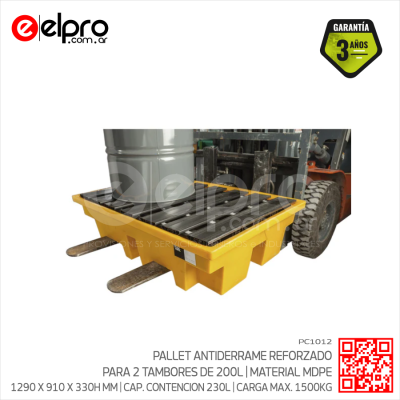 PC1012 - PALLET ANTIDERRAME REFORZADO PARA 2 TAMBORES DE 200 LTS